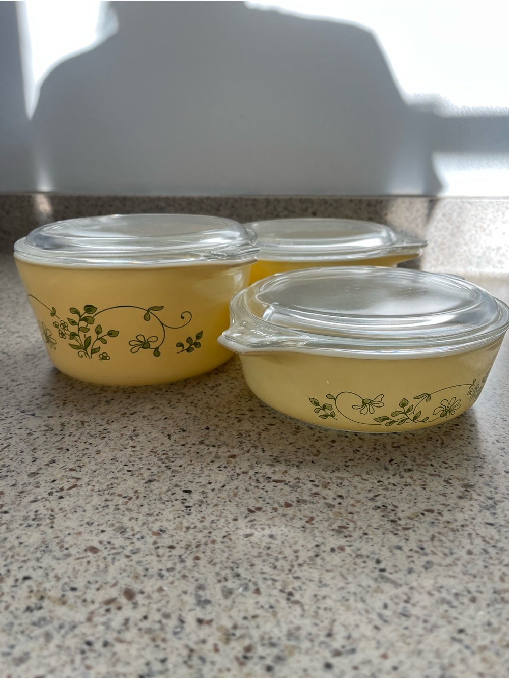 Pyrex Yellow Floral Nesting Casserole Bowls with Clear Glass Lids